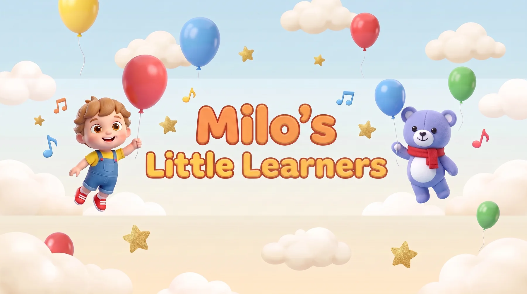 Milo's Little Learners logo. Milo, a toddler in blue overalls, and Berry, a blue plush bear in a red scarf, float with balloons in a pastel sky.