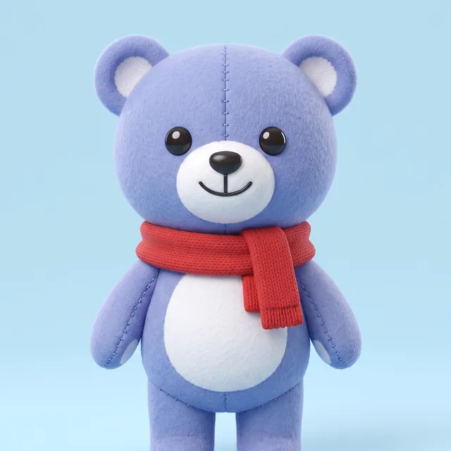 Berry, a periwinkle blue plush bear with a white tummy and a red knit scarf.