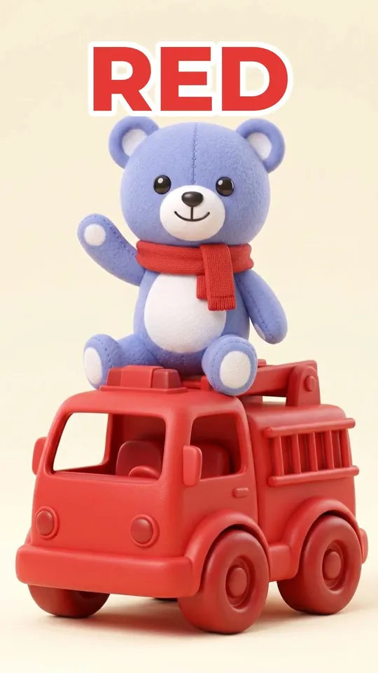 Berry sits on a red toy fire truck under the word RED.