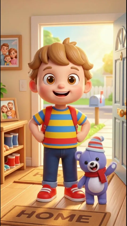 Milo stands by the front door, dressed with his backpack on. Berry waves with a striped sock on his head.